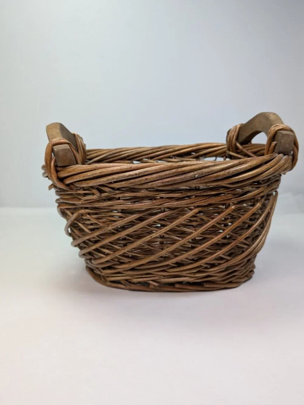 Vintage Small Woven Wicker Basket Wooden Handles Oval Gathering Harvest Storage